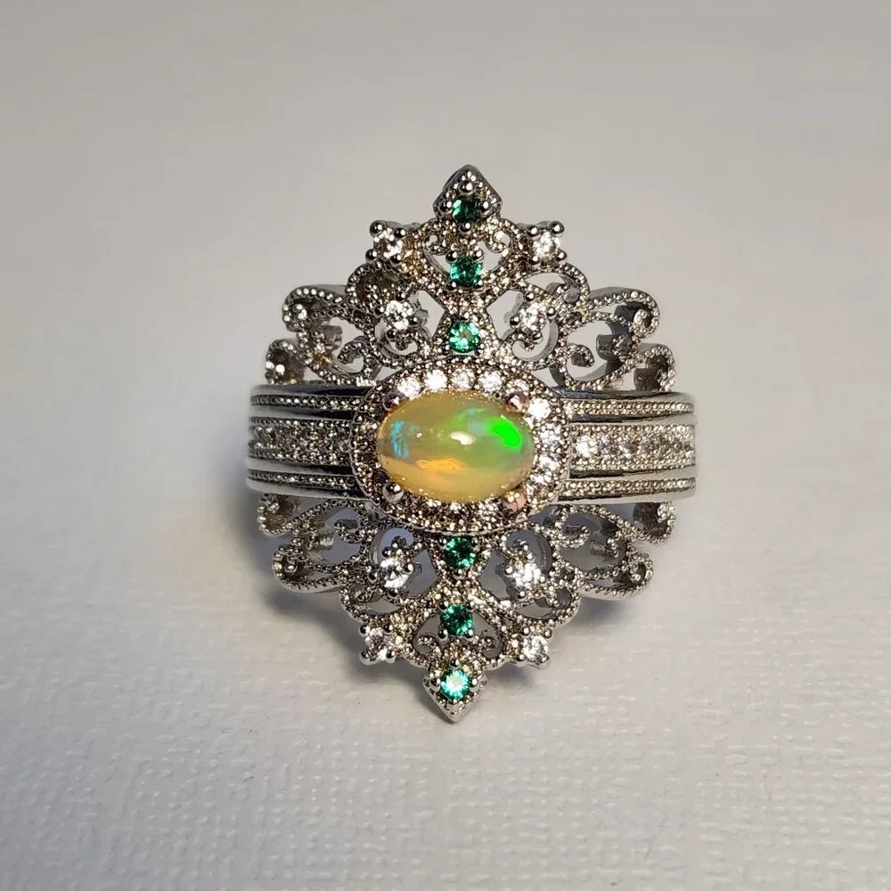 NIB 925 Art Deco Natural Opal & Tsavorite Accent Ornate Scroll Ring Sz 8.5 - Picture 2 of 12